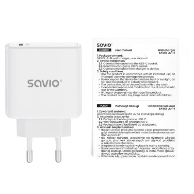 8. SAVIO ŁADOWARKA SIECIOWA LA-14 20W POWER DELIVERY 3.0, BIAŁA