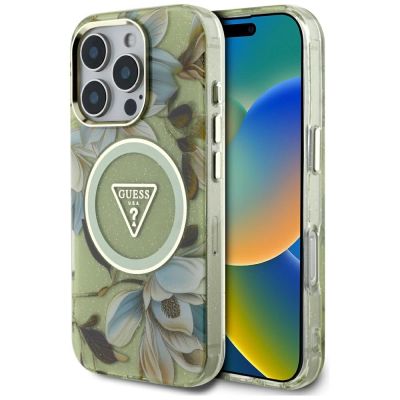 Etui Guess Glitter Flowers Triangle Buttons MagSafe do iPhone 16 Pro Max zielony