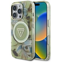 Etui Guess Glitter Flowers Triangle Buttons MagSafe do iPhone 16 Pro Max zielony