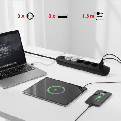 11. MACLEAN LISTWA ZASILAJĄCA, PRZEDŁUŻACZ5 GNIAZD + 3XUSB, 110-240V AC 50/60HZ, 2.1A MAX 2500W, 1,5M, CZARNA MCE395 B