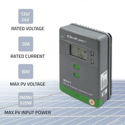 8. Qoltec Solarny regulator ładowania MPPT z czujnikiem temperatury 20A |12V / 24V | LCD | 2 x USB