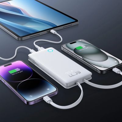 25. Powerbank Baseus Airpow Lite 10000mAh 22,5W z wbudowanymi kablami USB-C i Lightning - biały