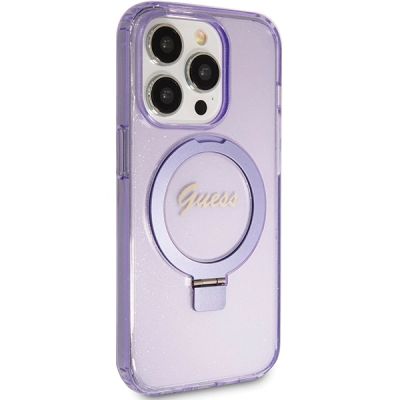 4. Etui Guess Ring Stand Script Glitter MagSafe na iPhone 15 Pro - fioletowe