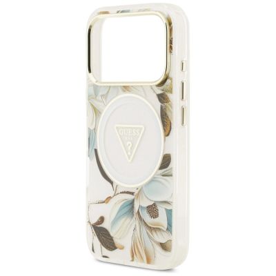 6. Etui Guess IML Glitter Flowers Triangle MagSafe na iPhone 18 Pro Max / 17 Pro Max - białe