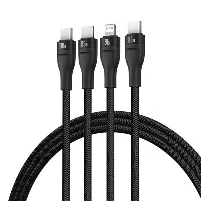 2. Kabel 3w1 Baseus Flash Series 3 100W USB-C - USB-C+USB-C+Lightning 1,5m + 3 x 0,25 m - czarny