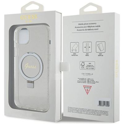 8. Etui Guess Ring Stand Script Glitter MagSafe na iPhone 15 Plus / 14 Plus 6.7" - przezroczyste