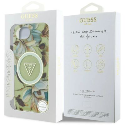 8. Etui Guess IML Metal Glitter Flowers Triangle MagSafe na iPhone 16e - zielone