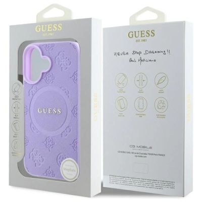 8. Etui Guess Saffiano Peony Classic Logo MagSafe na iPhone 16 - fioletowe