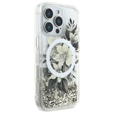 4. Etui Guess Liquid Glitter Flower MagSafe na iPhone 16 Pro - beżowe