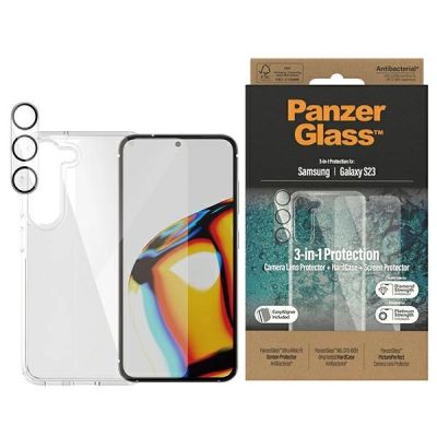 Zestaw PanzerGlass Bundle 3in1 etui przezroczyste + folia + osłona aparatu do Samsung Galaxy S23