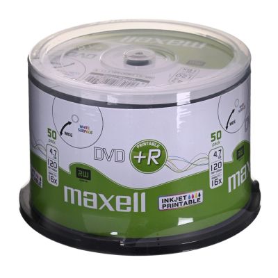 MAXELL Płyta DVD+R 4,7GB, 50 szt.  w opakowaniu cake (szpindel). Prędkość zapisu 16X, 120 min.  Płyty do nadruku atramentowego. Przeznaczenie Multimedia.