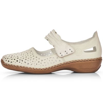 15. Skórzane półbuty damskie na rzep ażurowe beżowe Rieker 41399-14