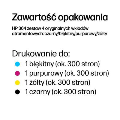 2. HP 364 zestaw 4 oryginalnych wkładów atramentowych: czarny/błękitny/purpurowy/żółty