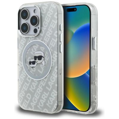Etui Karl Lagerfeld IML Glitter Karl & Choupette Heads Logo MagSafe na iPhone 16 Pro Max - szare