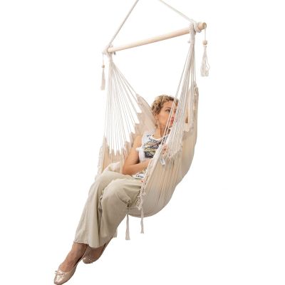 8. HAMAK FOTEL BRAZYLIJSKI MIAMI Z FRĘDZELKAMI 130X100CM + 2 PODUSZKI 40X40CM BEŻOWY