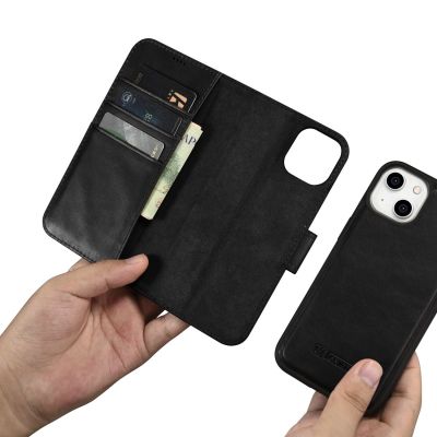 12. iCarer Oil Wax Wallet Case 2in1 etui iPhone 14 Plus skórzany pokrowiec z klapką Anti-RFID czarny (WMI14220723-BK)