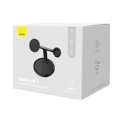 5. Baseus Swan ładowarka indukcyjna (kompatybilna z MagSafe) stojak do iPhone, Apple Watch, AirPods + kabel USB-C 1m czarny (WXTE000101)
