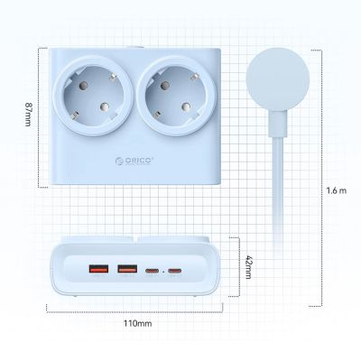4. Listwa zasilająca Orico PDC25 25W 6w1 2x AC + 2x USB-A + 2x USB-C - niebieska