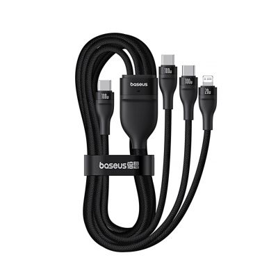 4. Kabel 3w1 Baseus Flash Series 3 100W USB-C - USB-C+USB-C+Lightning 1,5m + 3 x 0,25 m - czarny