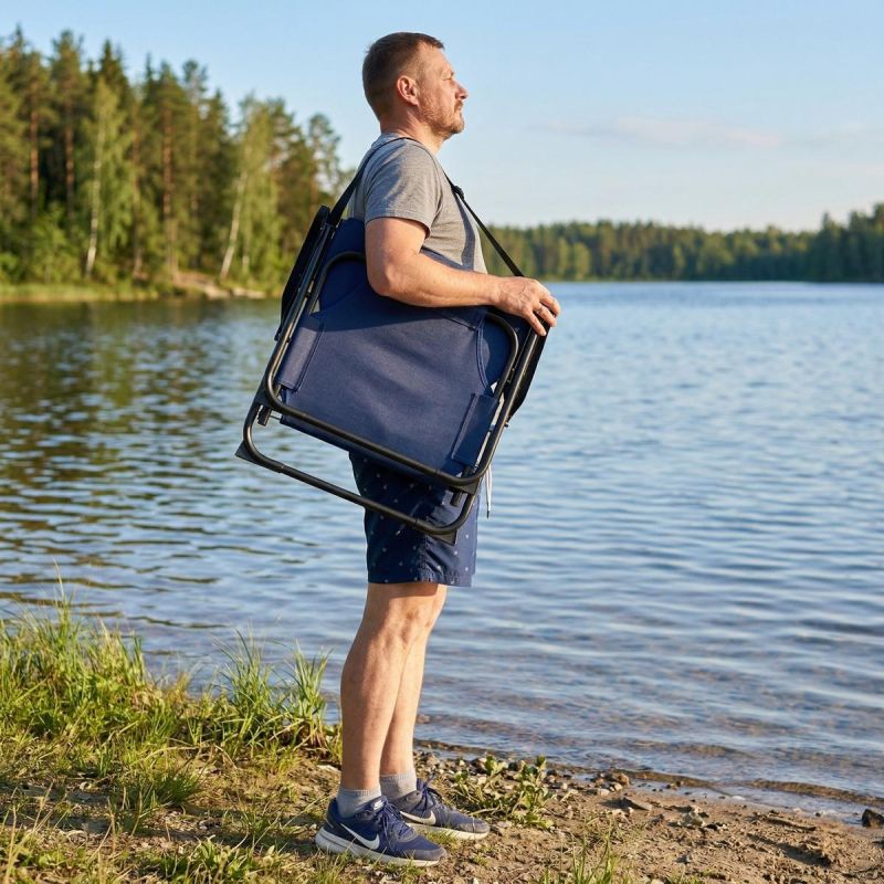 4. FOTEL TURYSTYCZNO PLAŻOWY Z PODŁOKIETNIKAMI 52X54X26/66CM SKŁADANY NIEBIESKI