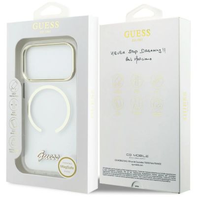 8. Etui Guess IML Script Metal MagSafe na iPhone 17 Pro - przezroczyste