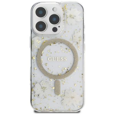 3. Etui Guess Resin Flowers Glitter MagSafe na iPhone 16 Pro - beżowe