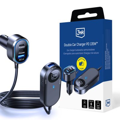 12. Ładowarka samochodowa 3mk Double Car Charger 135W PD QC PPS USB-C USB-A - czarna