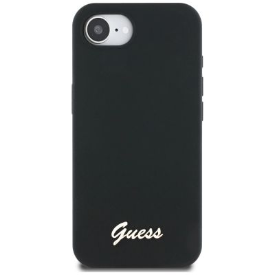 3. Etui Guess Silicone Script Metal Logo MagSafe na iPhone 16e - czarne