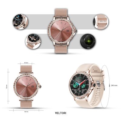 13. Smartwatch Damski VELTORI VT320-1 Złota Bransoleta + Różowy Pasek Silikonowy