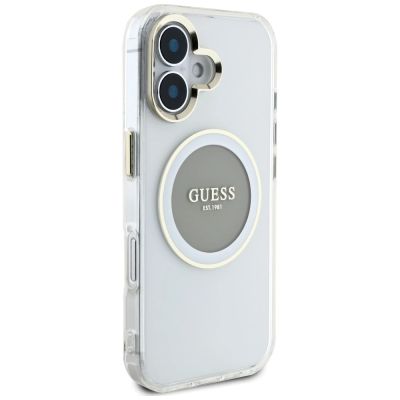 4. Etui Guess IML Metal Colored Circle Classic Logo MagSafe na iPhone 16 - szare