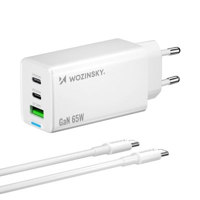 Wozinsky ładowarka GaN 65W z portami USB-A 2xUSB-C z kablem USB-C 65W - biała