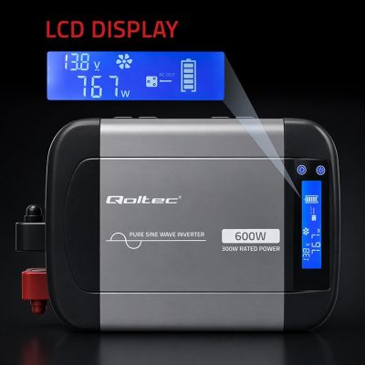 5. Qoltec Przetwornica napięcia Pure Sine Wave | 12V na 230V | 300/600W | LCD | USB | USB-C | Kompatybilna z LiFePO4 GEL AGM