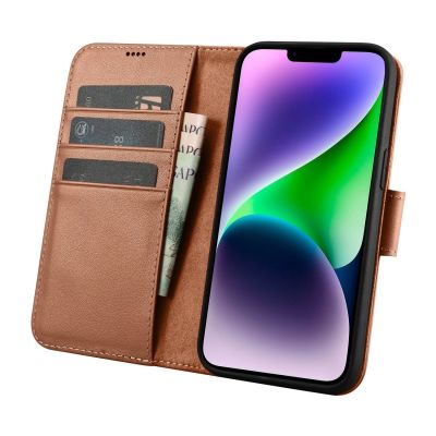 3. iCarer Wallet Case 2in1 etui iPhone 14 skórzany pokrowiec z klapką Anti-RFID brązowy (WMI14220725-BN)