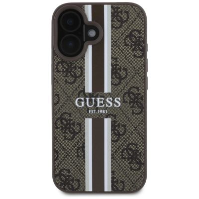 11. Etui Guess 4G Printed Stripes MagSafe na iPhone 16 - brązowe
