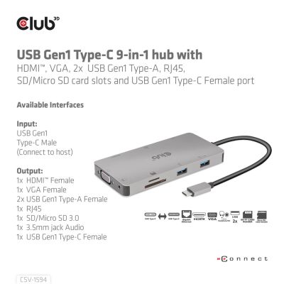 7. CLUB3D CSV-1594 stacja dokująca USB 3.2 Gen 1 (3.1 Gen 1) Type-C Czarny, Szary