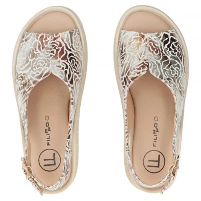 5. Skórzane sandały damskie na koturnie złote Filippo  DS7581