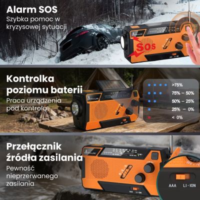 47. Extralink RADIO AWARYJNE SOLARNE Z KORBKA DYNAMO POWERBANK 4000MAH Z LATARKA SOS SR-4000 Przenośny Analogowy Czarny, Pomarańczowy
