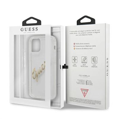 8. Etui Guess Vintage Script Gold na iPhone 12 Pro Max - przezroczyste