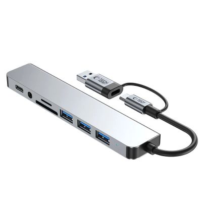 3. Adapter Tech-Protect HB06 HUB Adapter 8w1 TYP-C + USB2.0 + USB3.0 + SD/TF + AV3.5 - szary