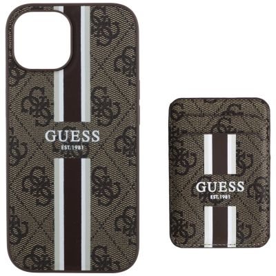 4. Etui Guess 4G Stripes z portfelem Magsafe do iPhone 15 brązowy