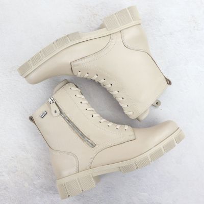 4. Skórzane wodoodporne botki damskie workery beżowe Rieker Remonte  D2S72-60