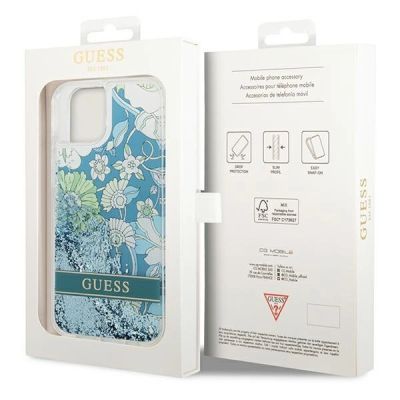 8. Etui Guess Flower Liquid Glitter na iPhone 14 - zielone