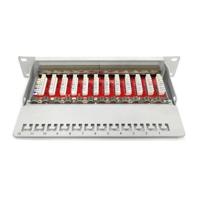 11. Digitus Panel krosowy (patch panel) 10'' 12x RJ45, LSA poziom, kat.6A, ekranowany, 1U, szary, prowadnica kabli