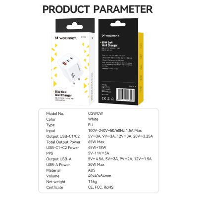 5. Ładowarka sieciowa GaN Wozinsky CGWCW 65W USB-A / 2 x USB-C - biała
