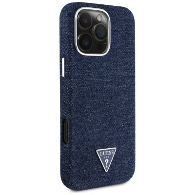 4. Etui Guess Denim Triangle Logo MagSafe na iPhone 16 Pro - niebieskie