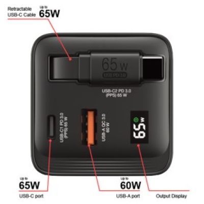 9. ładowarka Verbatim Gan 65W 2xUSB-C PD,1xUSB-A, retrac. Przewód 32217