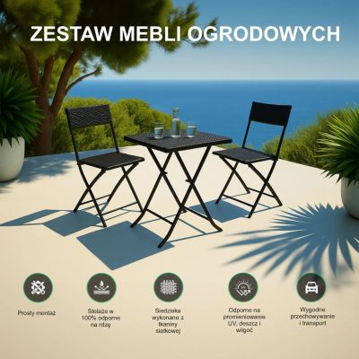 11. Mały zestaw mebli ogrodowych Black Forest | dwa krzesła + stolik czarny
