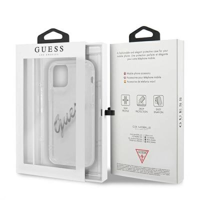 8. Etui Guess Vintage Script Silver na iPhone 12 Pro Max - przezroczyste