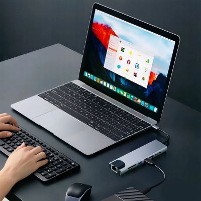 13. Hub USB Tech-Protect HB09 8w1 TYPE-C + USB-A 3.0 + USB-C 3.0 + HDMI 4K 60HZ + SD/TF + PD100W + RJ45 1000 MB/S - szary
