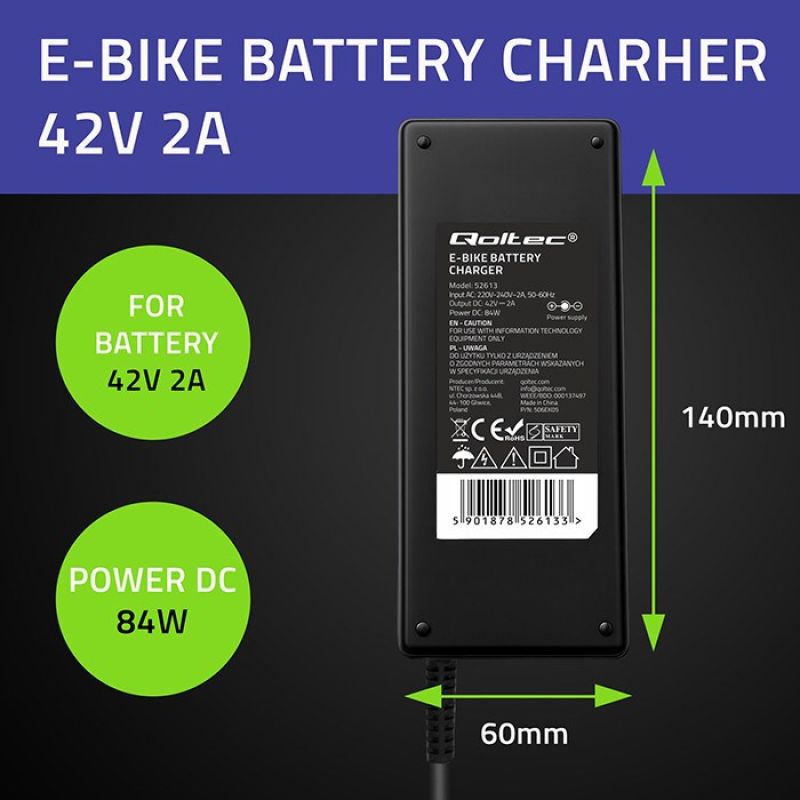 6. Ładowarka do roweru elektrycznego Qoltec 52613 36V 42V 2A wtyczka Bosch 3Pin + kabel zasilający